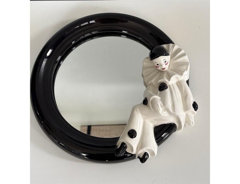 Vintage Pierrot Clown Wall Mirror 10.5" Black & White Ceramic Hanging Mirror